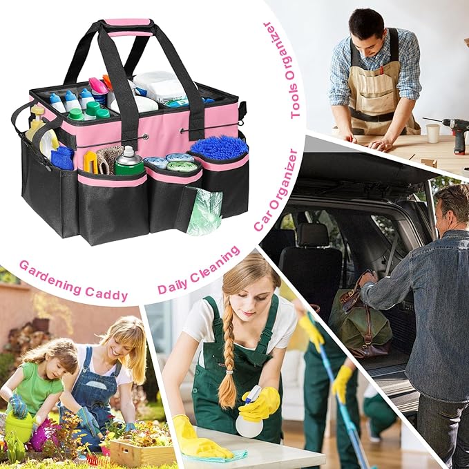 Grekos Wearable Cleaning Caddy Bag, Cleaning Caddy Suppliers Organizer with 4 Foldable Dividers, Handle & Shoulder Straps Cleaning Tool Organizers for Cleaners & Housekeeper (Pink)