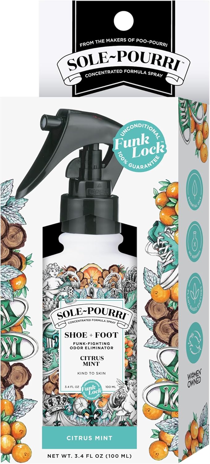Sole-Pourri Shoe Deodorizer + Foot Spray, 3.4 Fl Oz, Up to 150 Uses, Funk-Fighting Odor Freshener with Essential Oils, for Smelly Shoes, Feet & Gym Bags, Citrus & Mint Scent