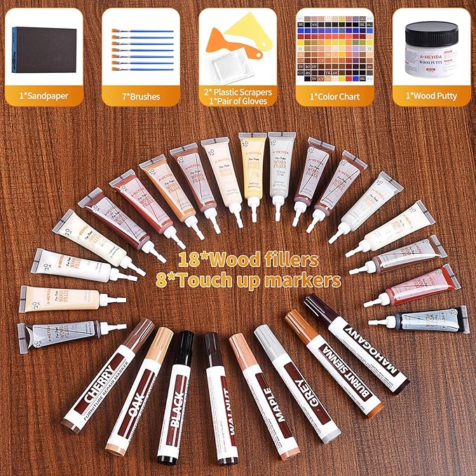 Wood Floor Scratch Repair - Set of 39 - Hardwood Floor Repair Kit Wood Filler Putty, Wood Markers Furniture Repair Kit Touch Up Pens for Scratch Stain Hole, Restore Laminate Vinyl Veneer Cabinet